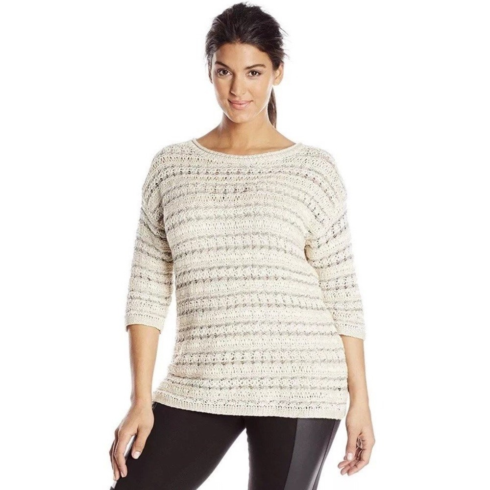 L LUCKY BRAND 3/4 sleeve stripe open knit boat neck sweater layer cream silver